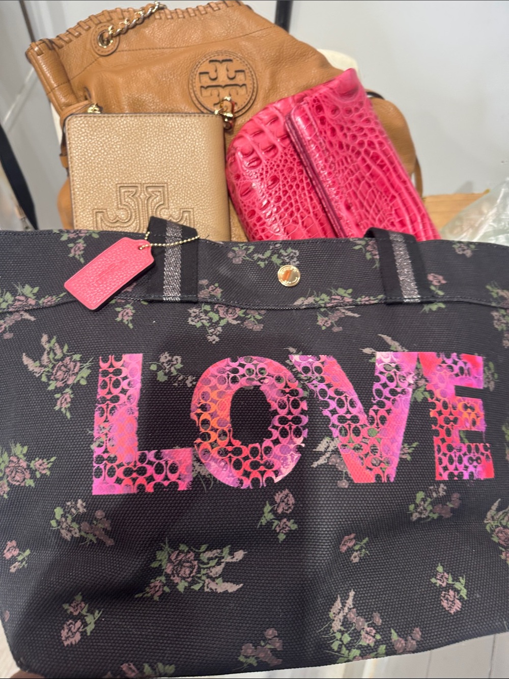 Tory Burch Black Floral Canvas Tote with Pink LOVE Graphic